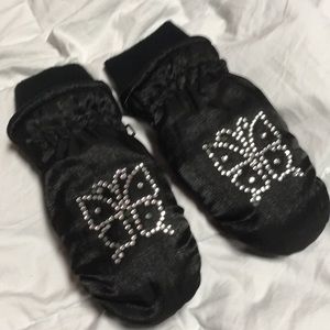 Gloves Mittens Girls size Small black gem butterflies EUC